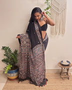 Mastani: Black Ajrakh Handblock Printed Modal Saree with Mirror Work