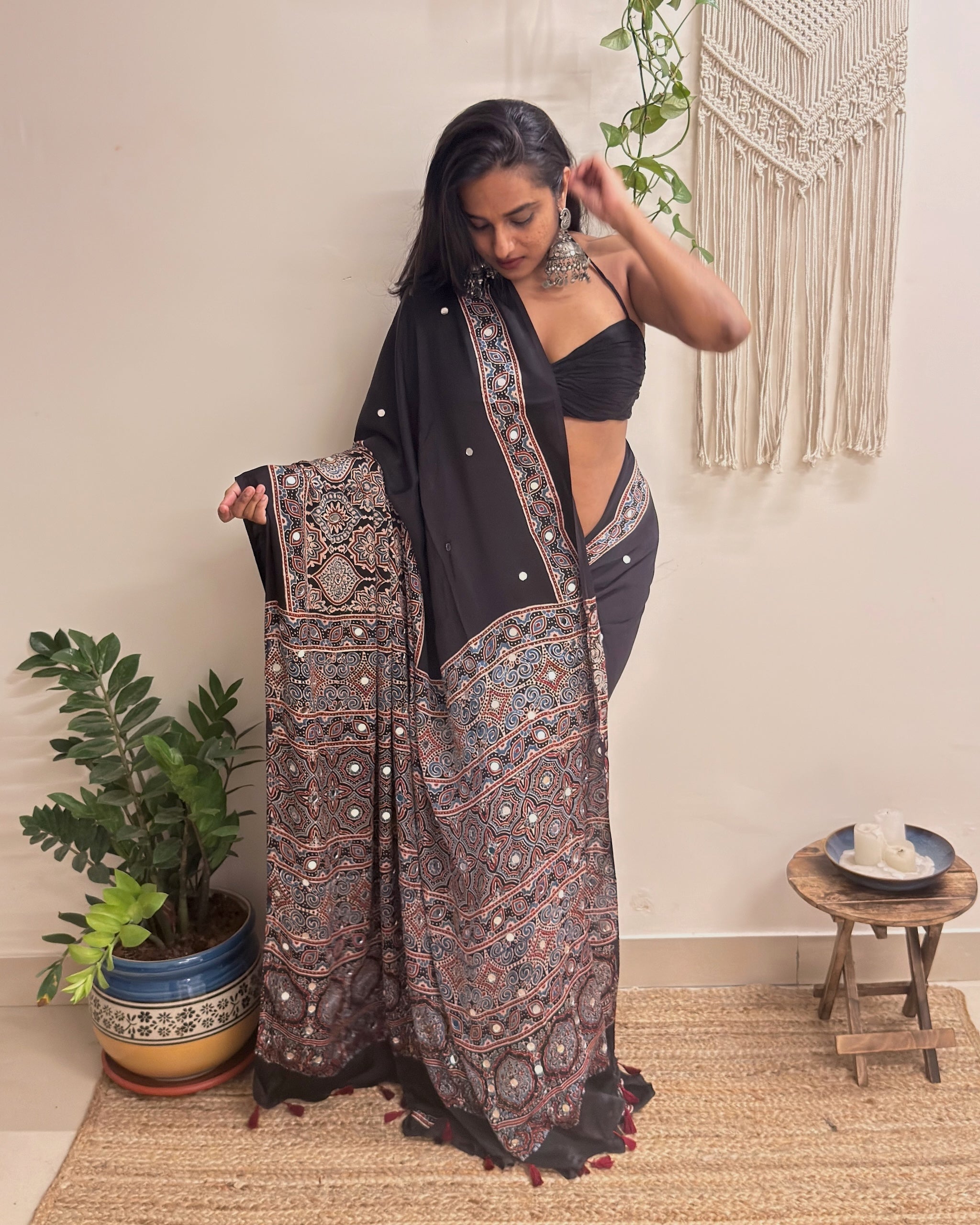 Mastani: Black Ajrakh Handblock Printed Modal Saree with Mirror Work