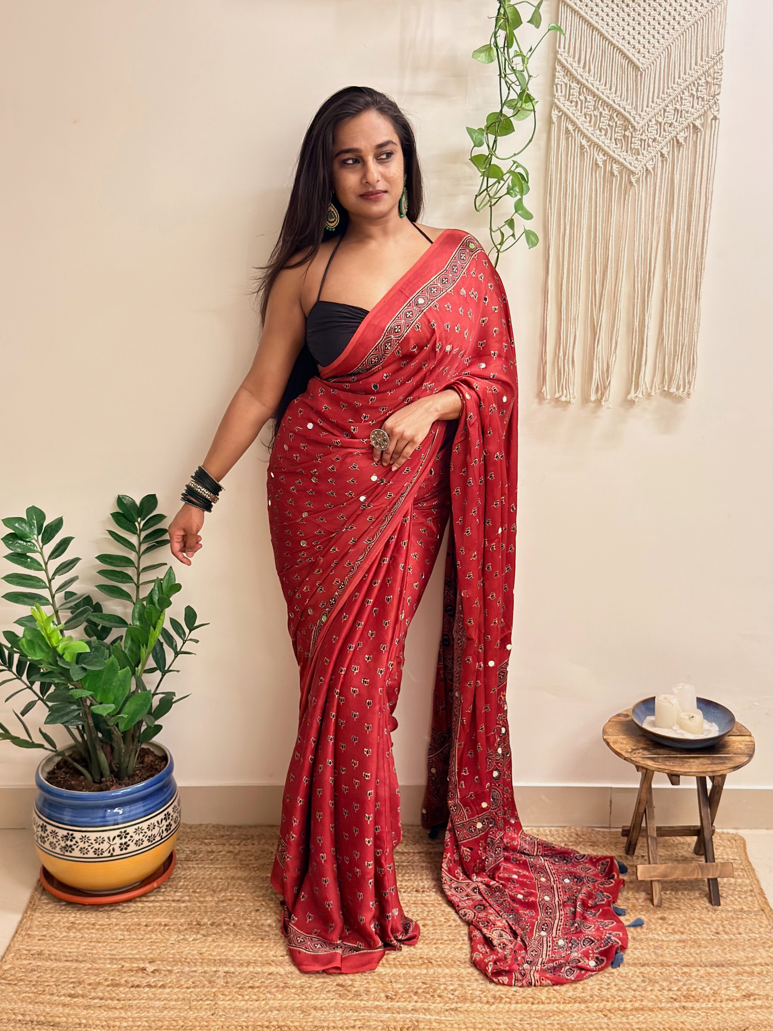 Bijli: Red Lotus Ajrakh Handblock Printed Modal Saree with Mirror Work