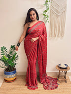 Bijli: Red Lotus Ajrakh Handblock Printed Modal Saree with Mirror Work