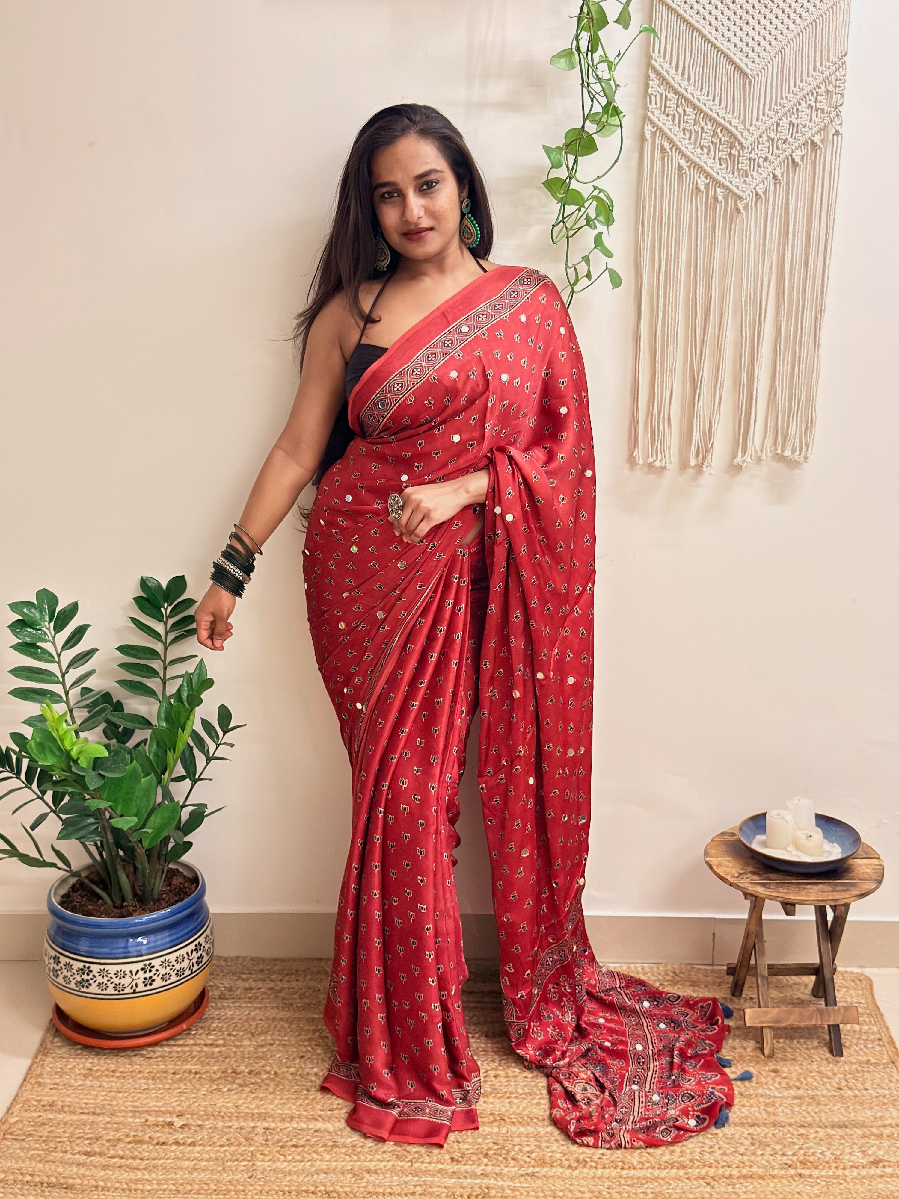 Bijli: Red Lotus Ajrakh Handblock Printed Modal Saree with Mirror Work