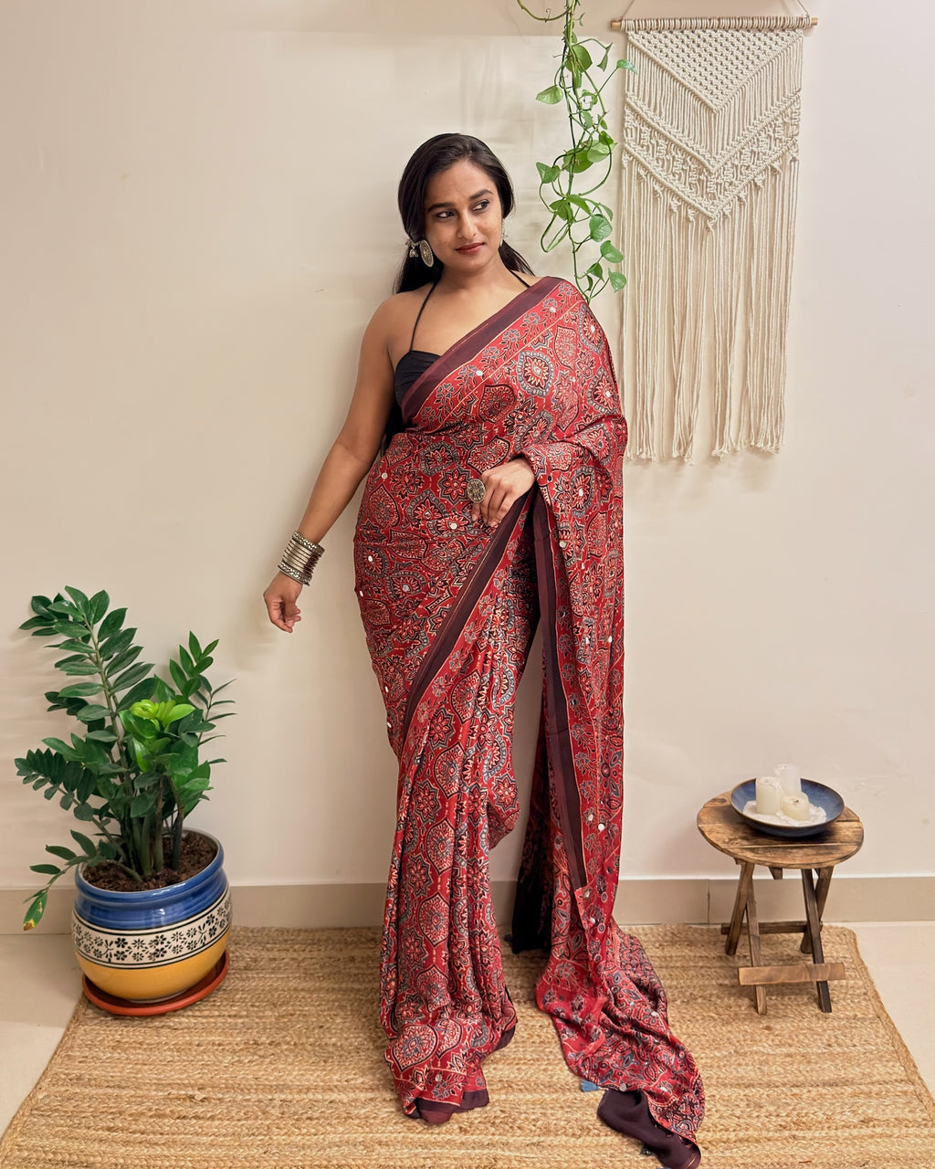 Jalwa: Red Ajrakh Handblock Printed Modal Saree with Mirror Work
