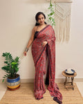 Jalwa: Red Ajrakh Handblock Printed Modal Saree with Mirror Work