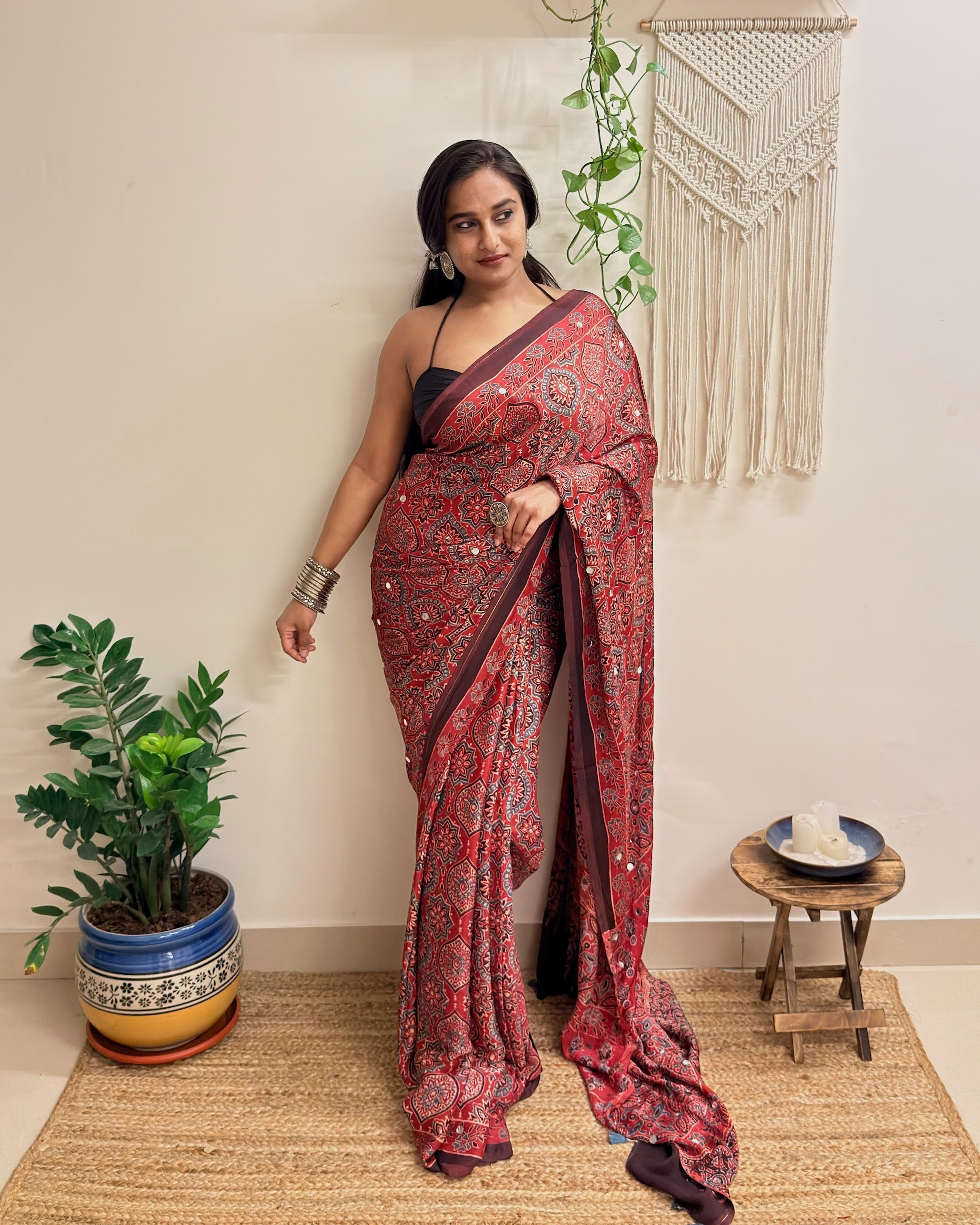 Jalwa: Red Ajrakh Handblock Printed Modal Saree with Mirror Work