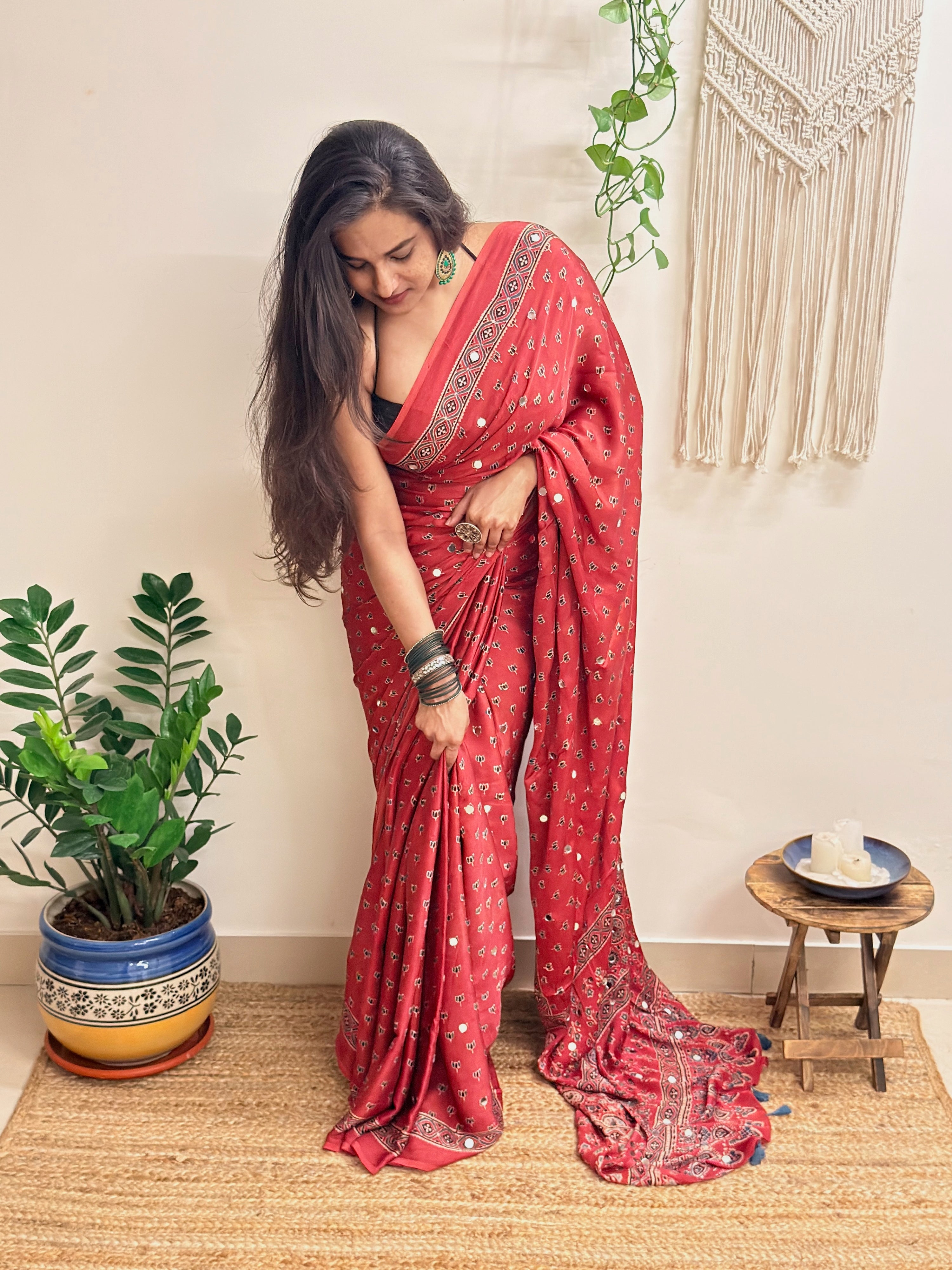 Bijli: Red Lotus Ajrakh Handblock Printed Modal Saree with Mirror Work