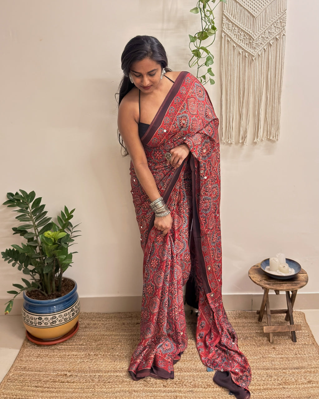 Jalwa: Red Ajrakh Handblock Printed Modal Saree with Mirror Work