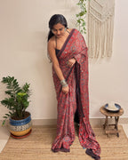Jalwa: Red Ajrakh Handblock Printed Modal Saree with Mirror Work