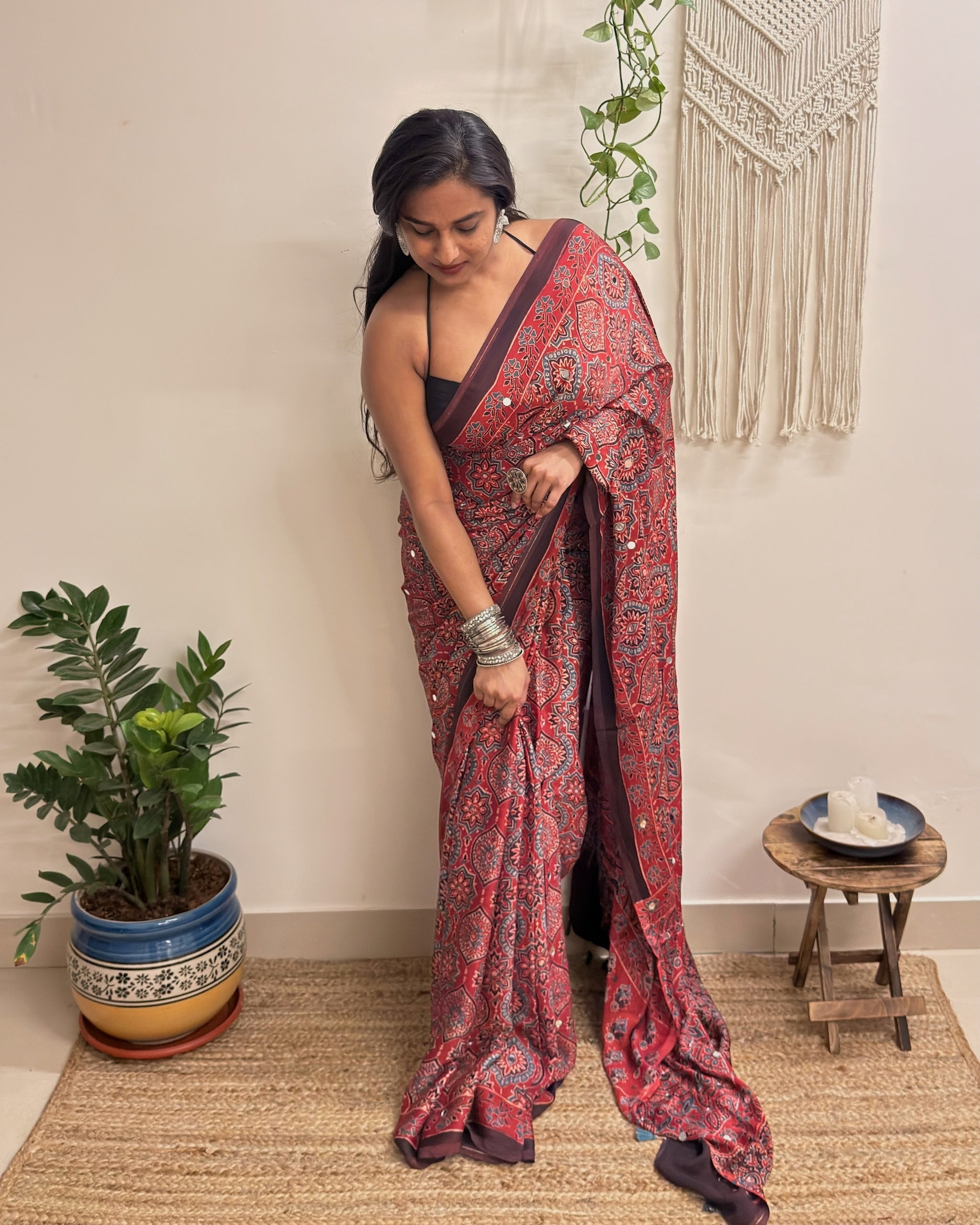 Jalwa: Red Ajrakh Handblock Printed Modal Saree with Mirror Work
