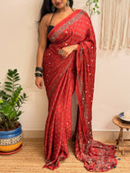 Bijli: Red Lotus Ajrakh Handblock Printed Modal Saree with Mirror Work