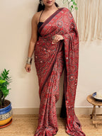 Jalwa: Red Ajrakh Handblock Printed Modal Saree with Mirror Work