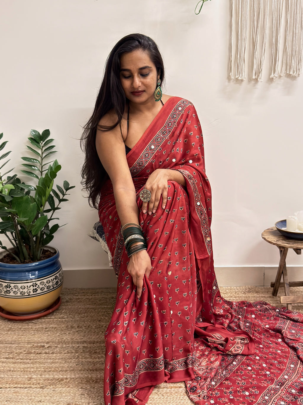 Bijli: Red Lotus Ajrakh Handblock Printed Modal Saree with Mirror Work