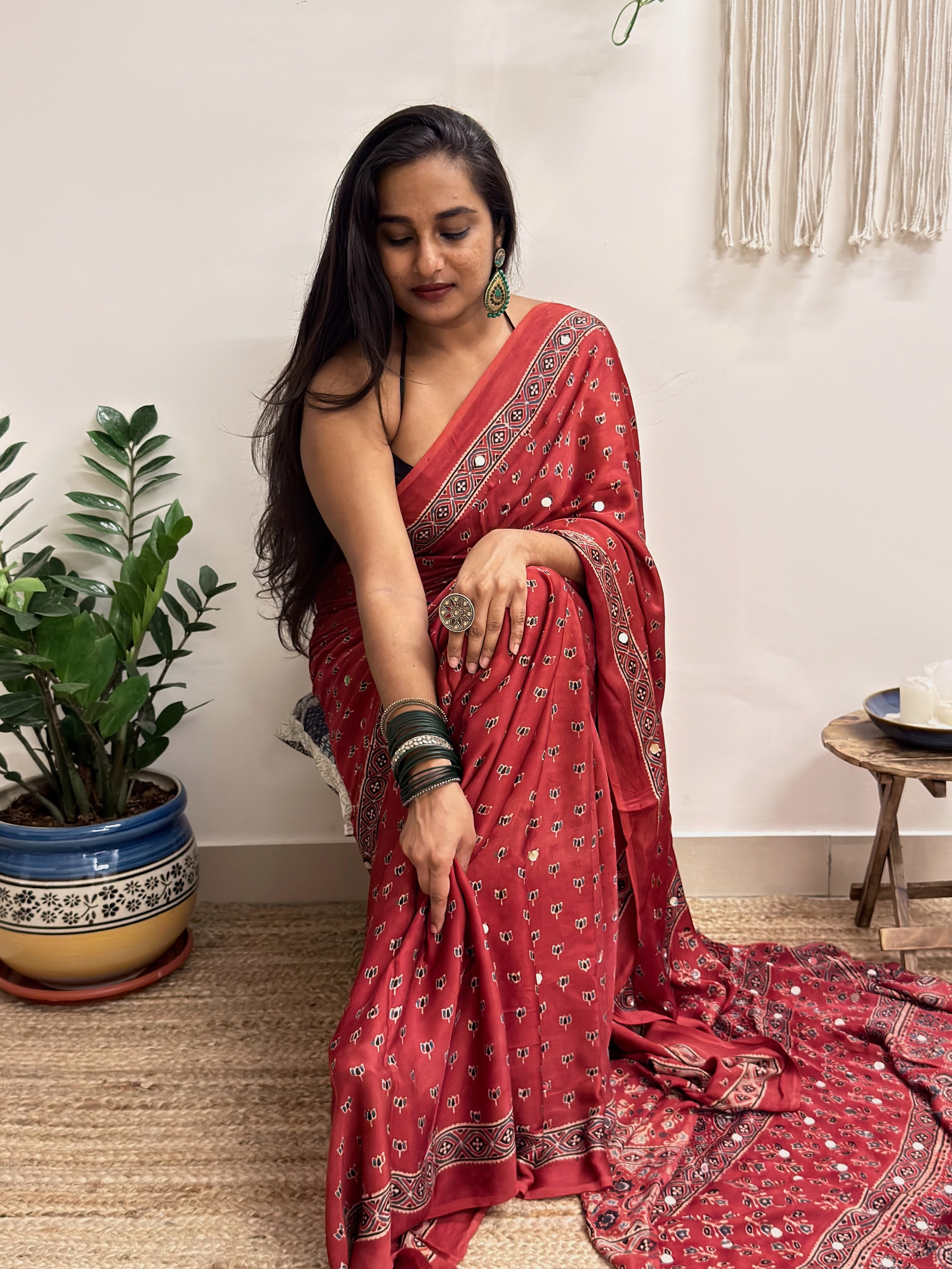 Bijli: Red Lotus Ajrakh Handblock Printed Modal Saree with Mirror Work
