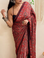 Jalwa: Red Ajrakh Handblock Printed Modal Saree with Mirror Work