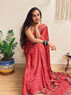 Bijli: Red Lotus Ajrakh Handblock Printed Modal Saree with Mirror Work