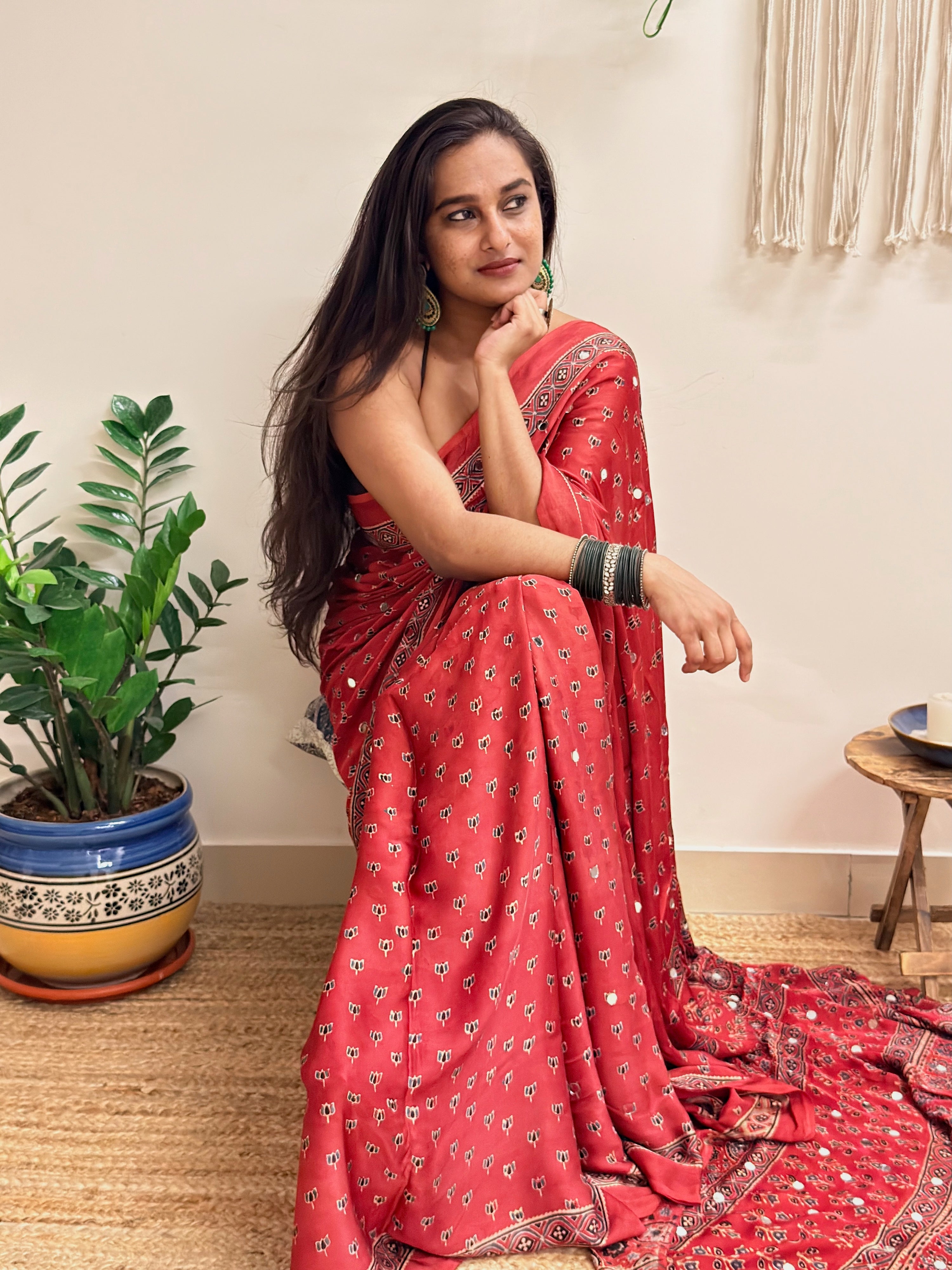 Bijli: Red Lotus Ajrakh Handblock Printed Modal Saree with Mirror Work