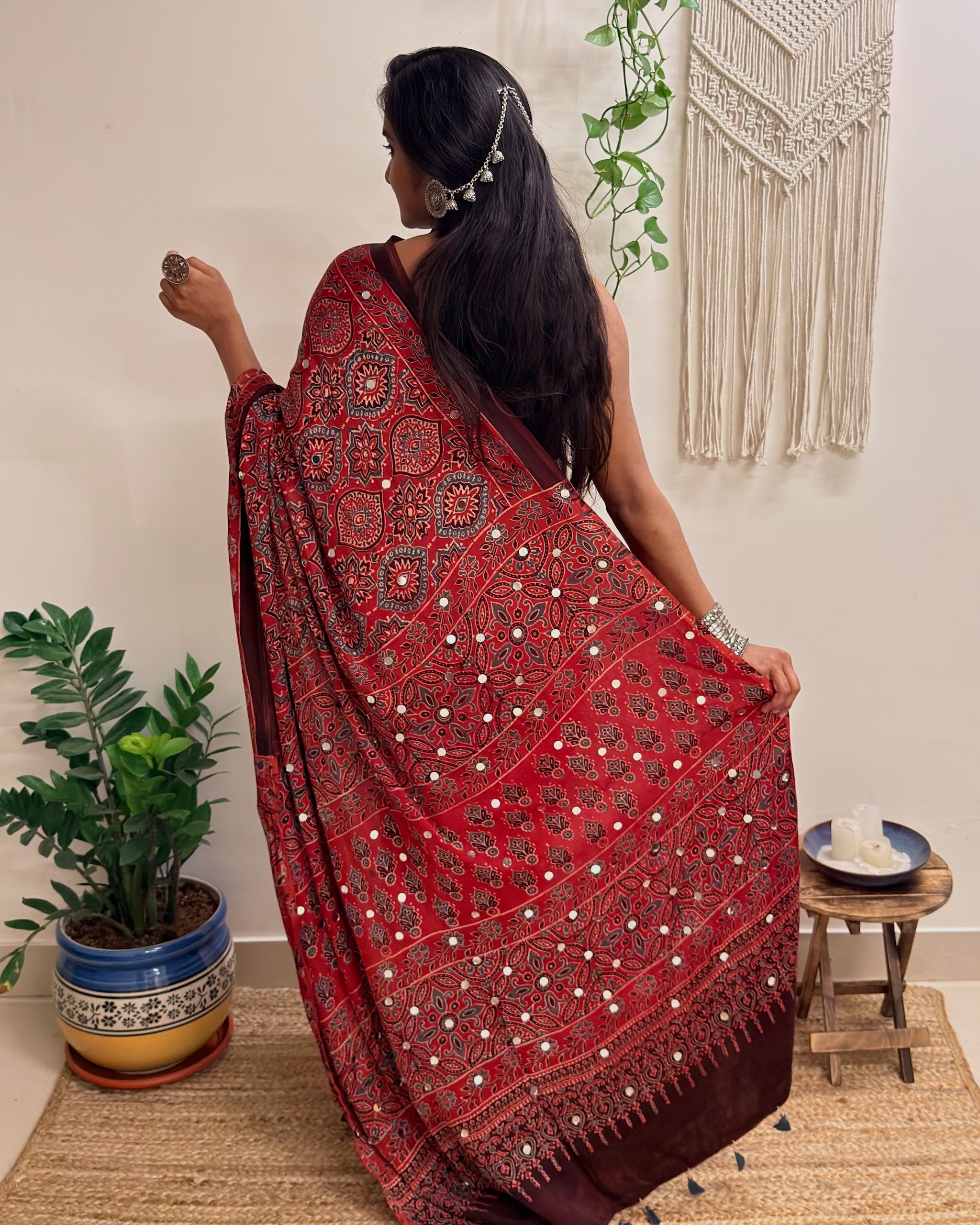 Jalwa: Red Ajrakh Handblock Printed Modal Saree with Mirror Work
