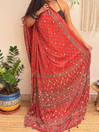 Bijli: Red Lotus Ajrakh Handblock Printed Modal Saree with Mirror Work