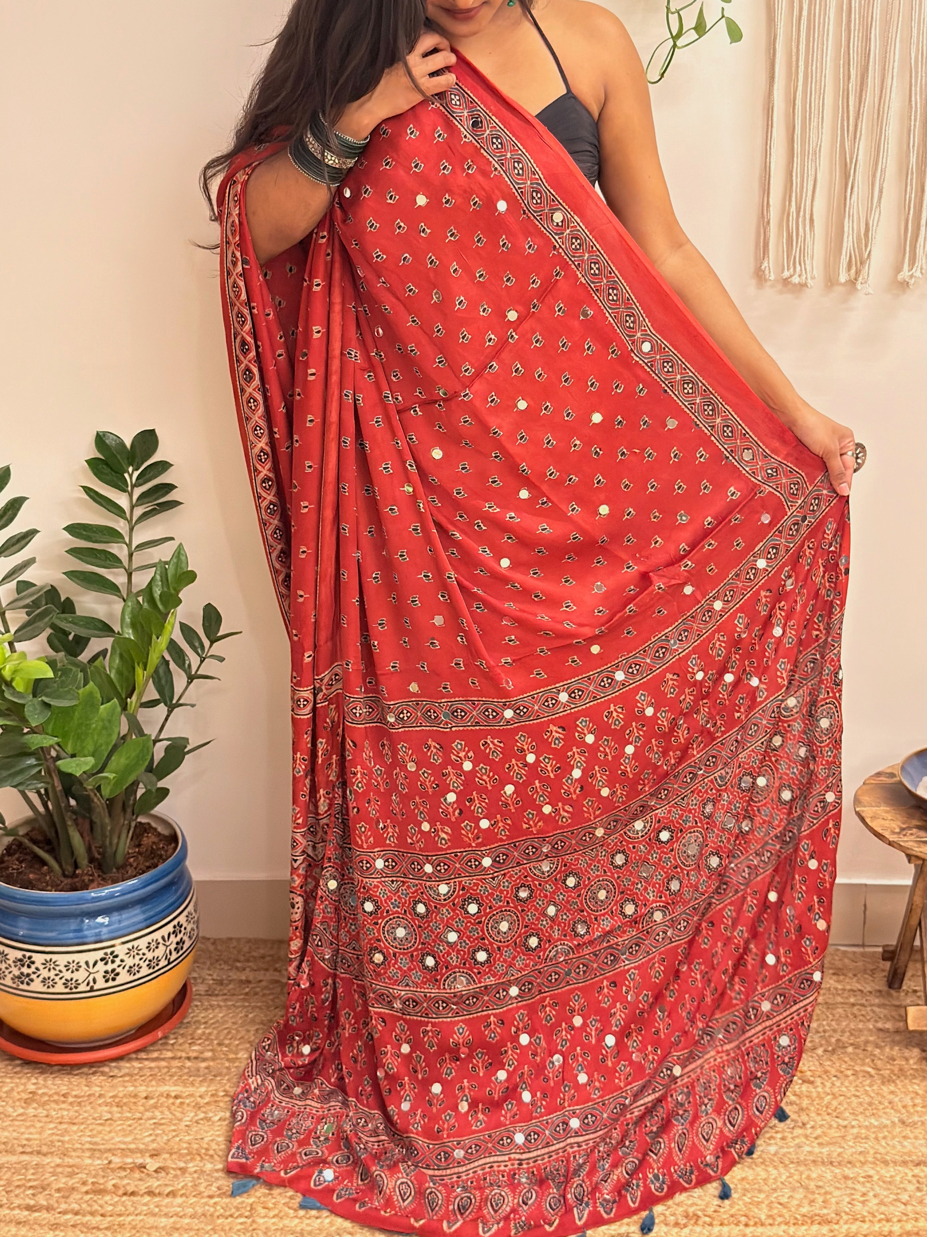 Bijli: Red Lotus Ajrakh Handblock Printed Modal Saree with Mirror Work