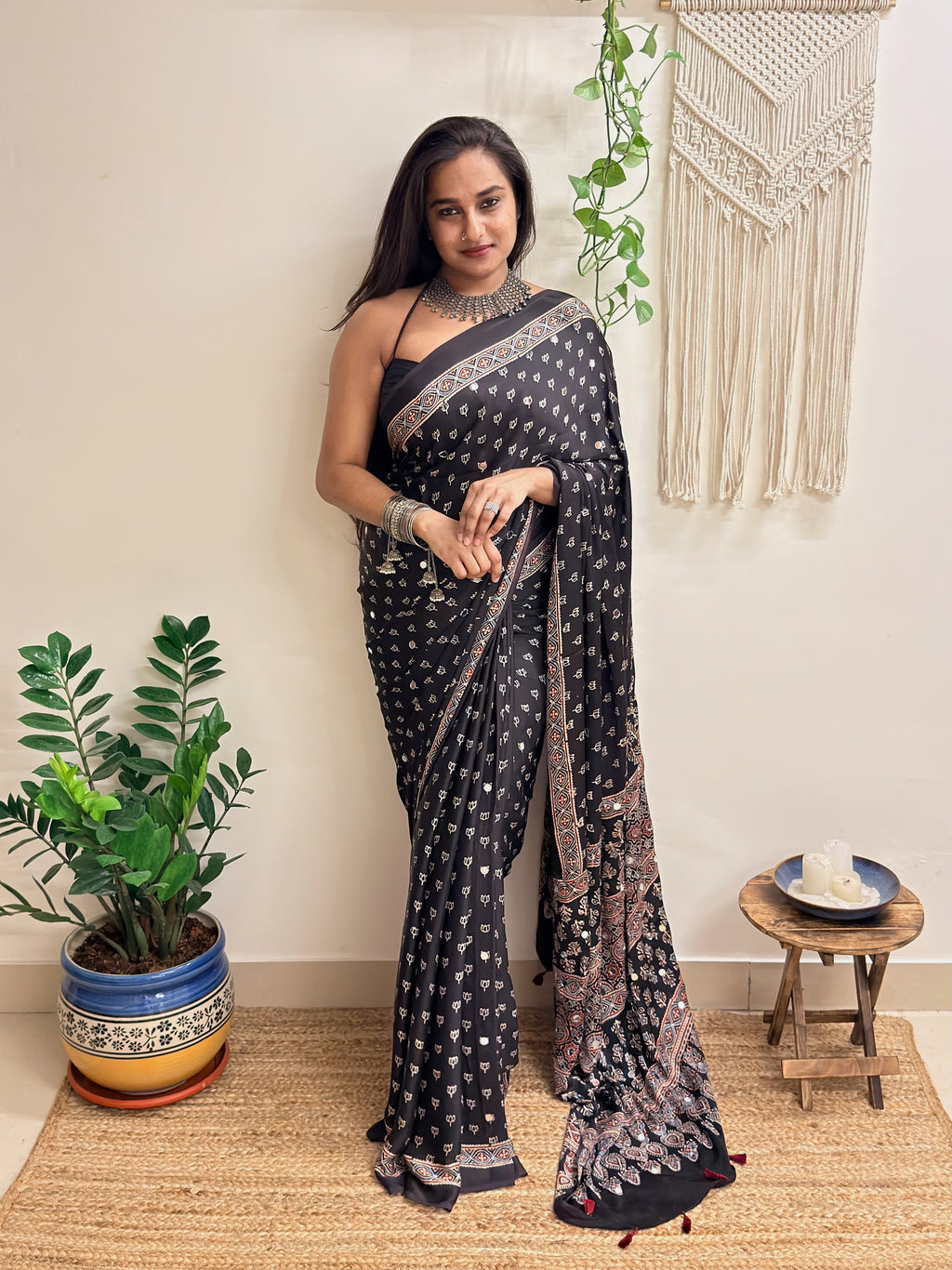 Natkhat: Black Lotus Ajrakh Handblock Printed Modal Saree with Mirror Work