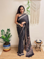 Natkhat: Black Lotus Ajrakh Handblock Printed Modal Saree with Mirror Work