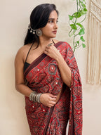 Jalwa: Red Ajrakh Handblock Printed Modal Saree with Mirror Work