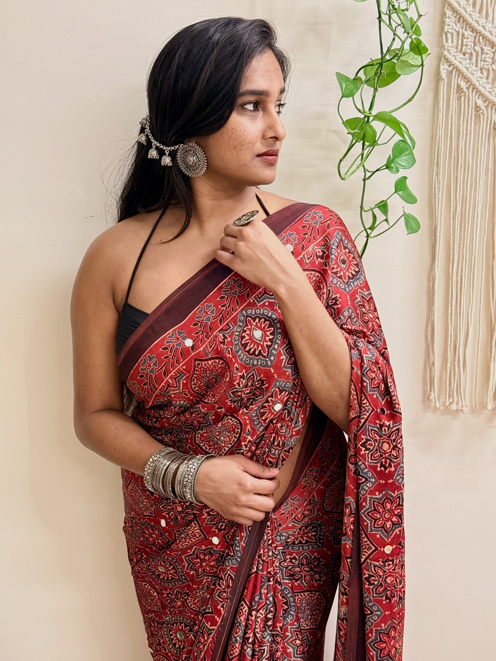 Jalwa: Red Ajrakh Handblock Printed Modal Saree with Mirror Work