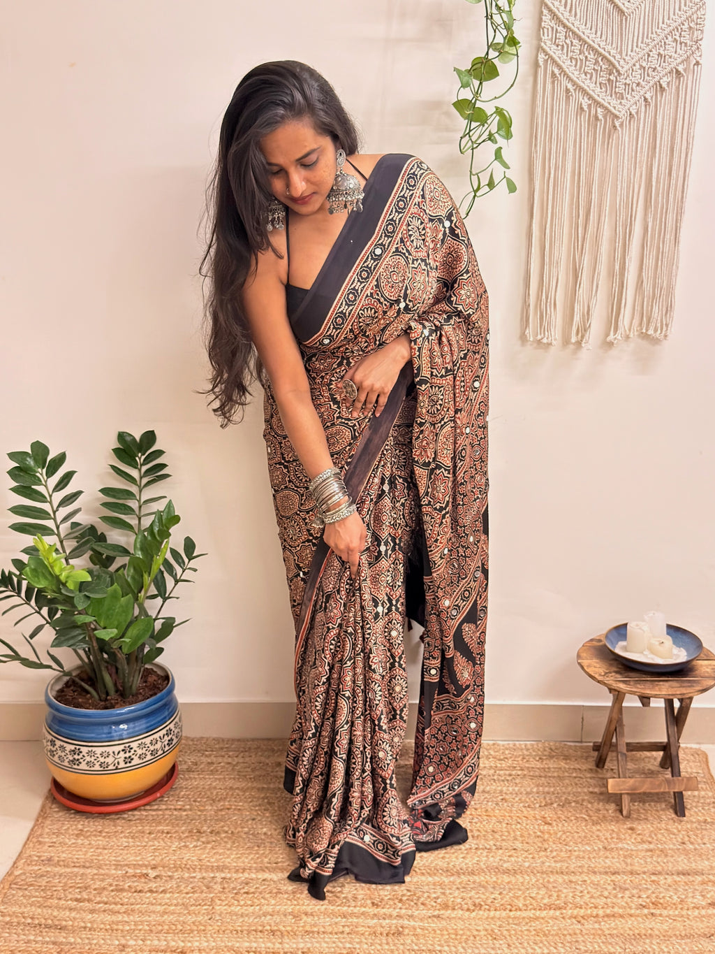 Silsila: Black Badam Butta Ajrakh Handblock Printed Modal Saree with Mirror Work