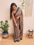 Silsila: Black Badam Butta Ajrakh Handblock Printed Modal Saree with Mirror Work