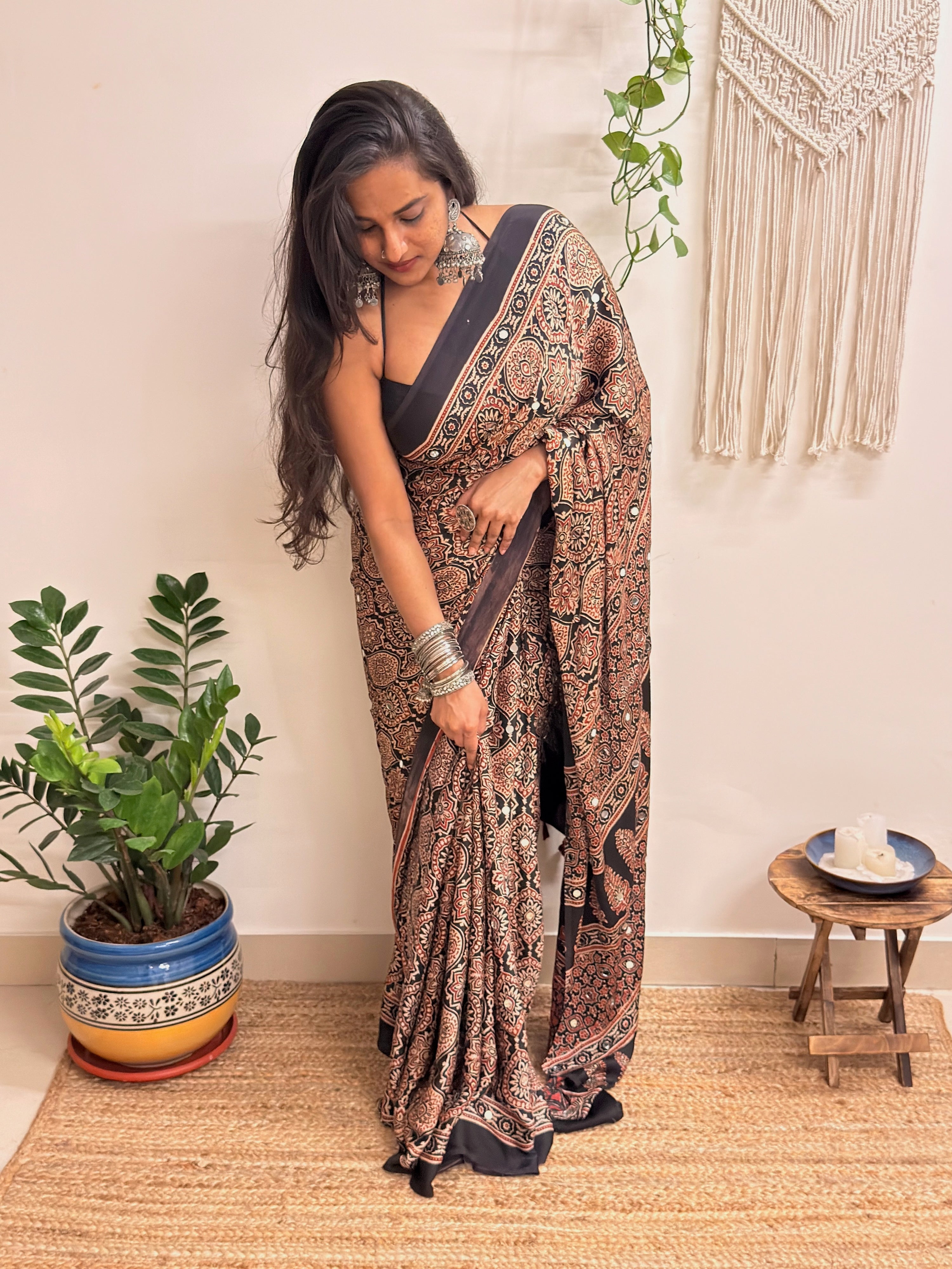 Silsila: Black Badam Butta Ajrakh Handblock Printed Modal Saree with Mirror Work