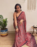 Jalwa: Red Ajrakh Handblock Printed Modal Saree with Mirror Work