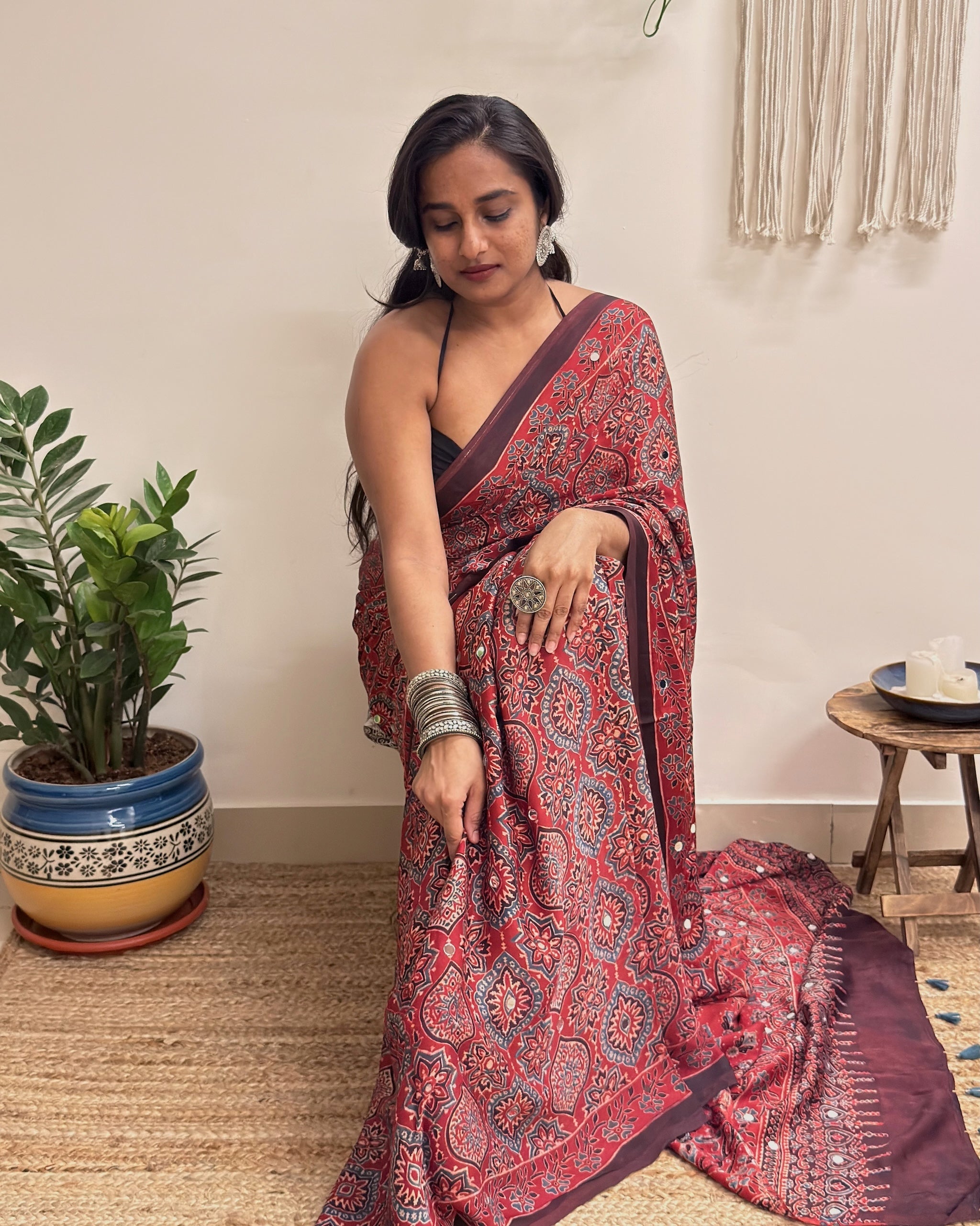 Jalwa: Red Ajrakh Handblock Printed Modal Saree with Mirror Work