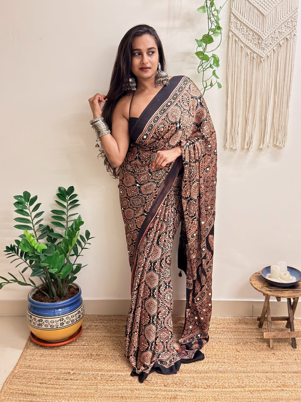 Silsila: Black Badam Butta Ajrakh Handblock Printed Modal Saree with Mirror Work