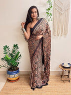 Silsila: Black Badam Butta Ajrakh Handblock Printed Modal Saree with Mirror Work