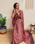 Jalwa: Red Ajrakh Handblock Printed Modal Saree with Mirror Work