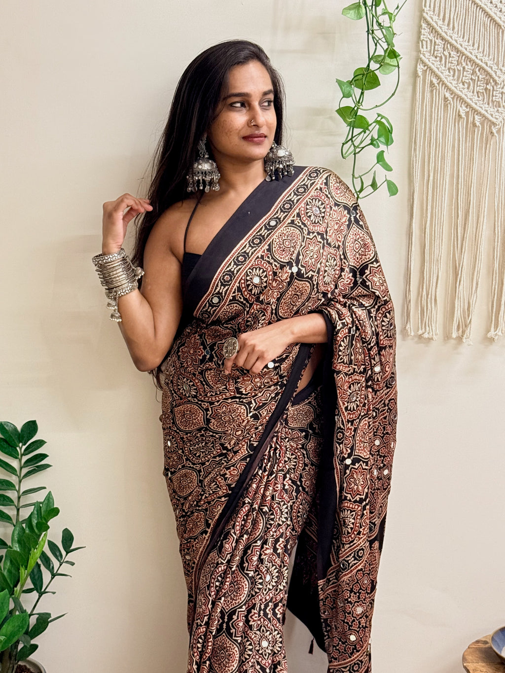 Silsila: Black Badam Butta Ajrakh Handblock Printed Modal Saree with Mirror Work