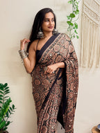 Silsila: Black Badam Butta Ajrakh Handblock Printed Modal Saree with Mirror Work