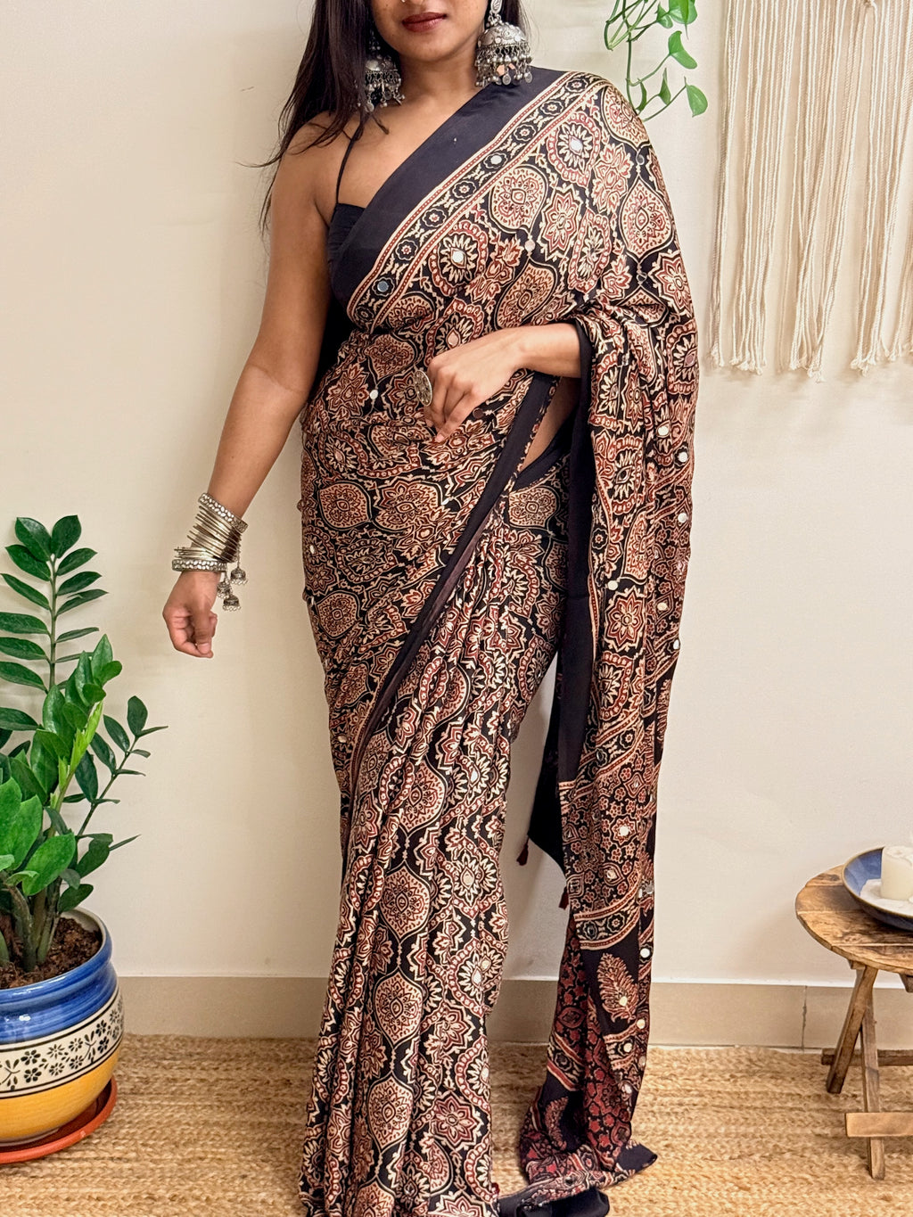 Silsila: Black Badam Butta Ajrakh Handblock Printed Modal Saree with Mirror Work
