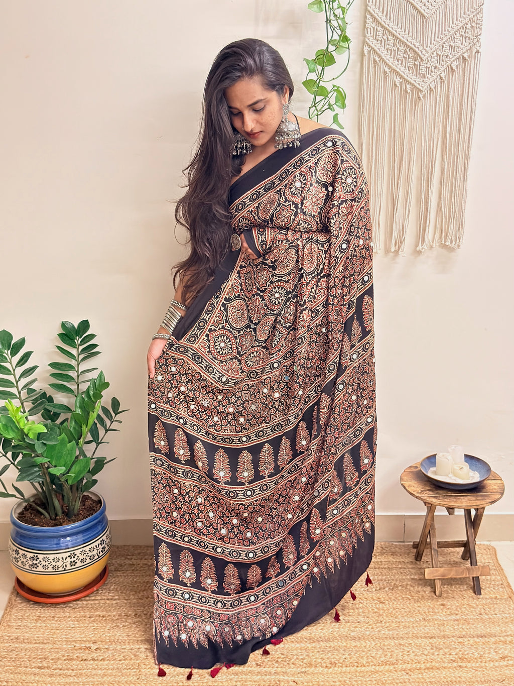 Silsila: Black Badam Butta Ajrakh Handblock Printed Modal Saree with Mirror Work