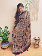 Silsila: Black Badam Butta Ajrakh Handblock Printed Modal Saree with Mirror Work
