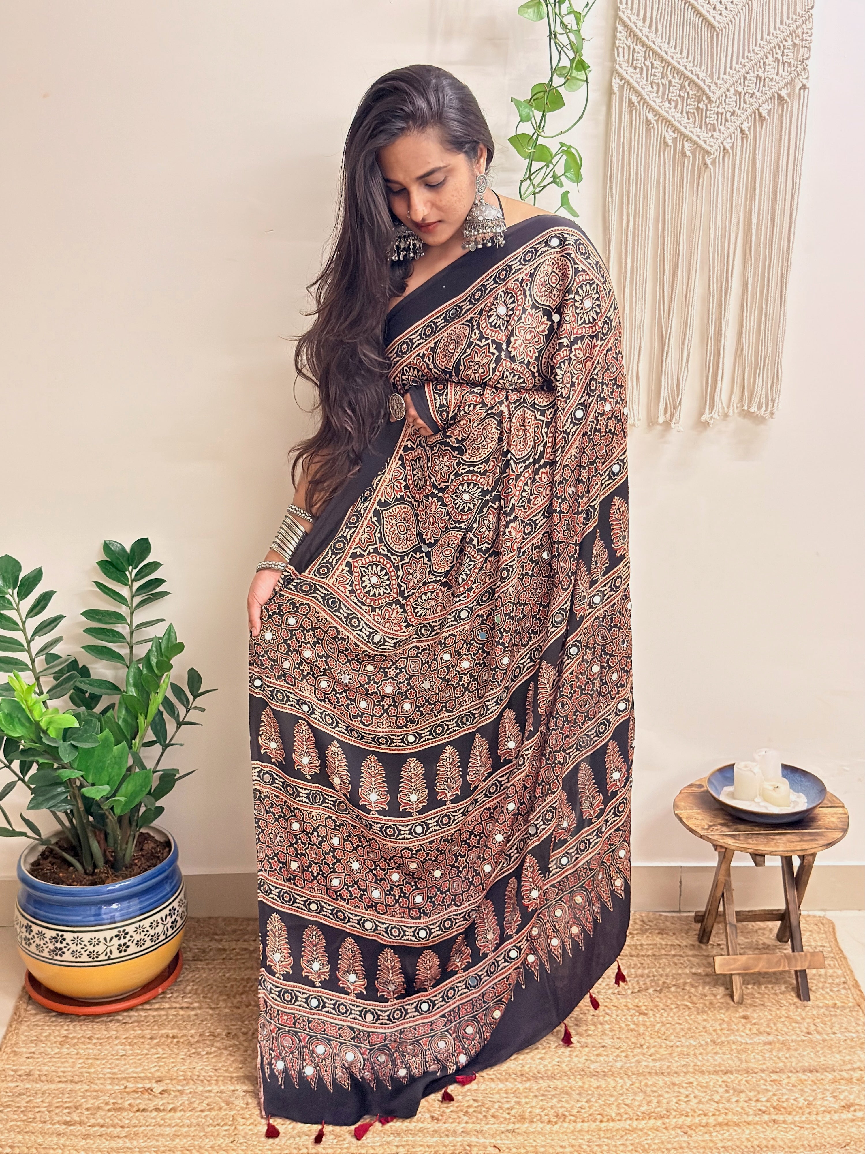 Silsila: Black Badam Butta Ajrakh Handblock Printed Modal Saree with Mirror Work