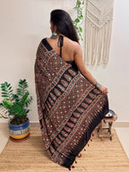 Silsila: Black Badam Butta Ajrakh Handblock Printed Modal Saree with Mirror Work