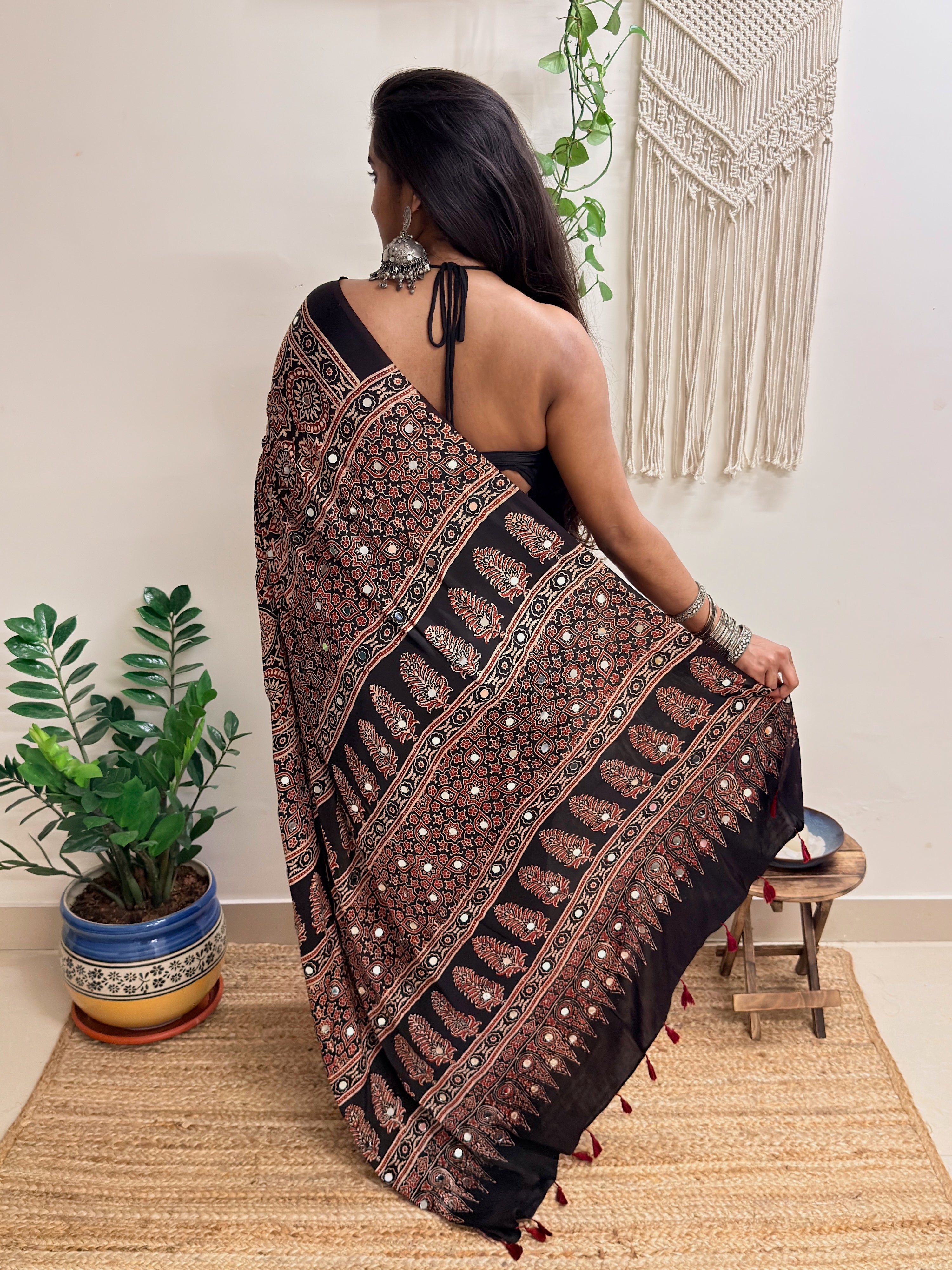 Silsila: Black Badam Butta Ajrakh Handblock Printed Modal Saree with Mirror Work
