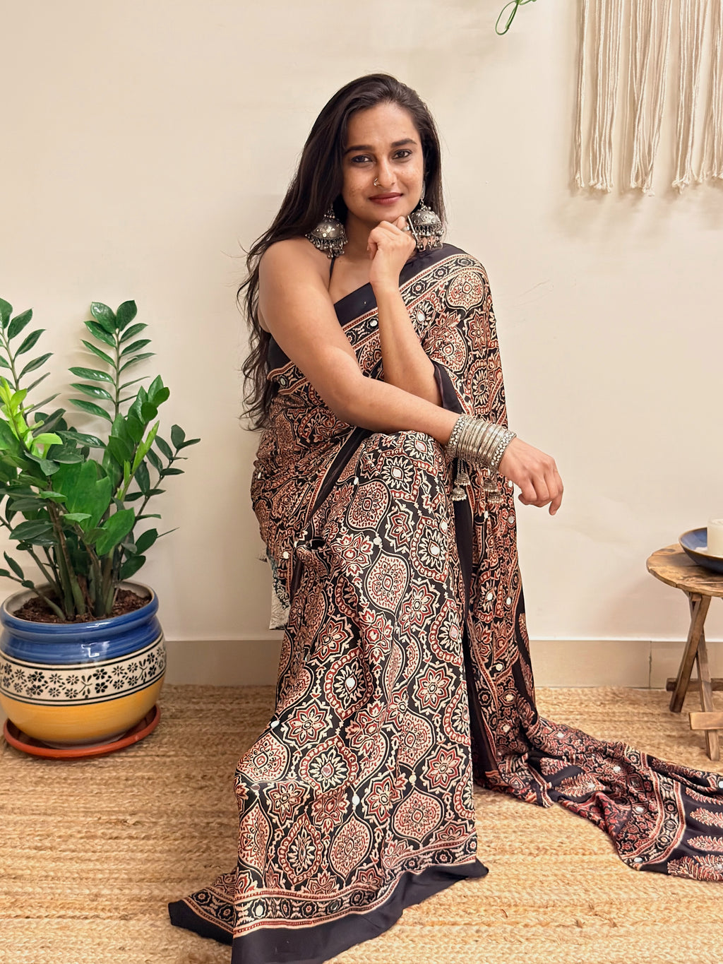 Silsila: Black Badam Butta Ajrakh Handblock Printed Modal Saree with Mirror Work