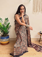 Silsila: Black Badam Butta Ajrakh Handblock Printed Modal Saree with Mirror Work