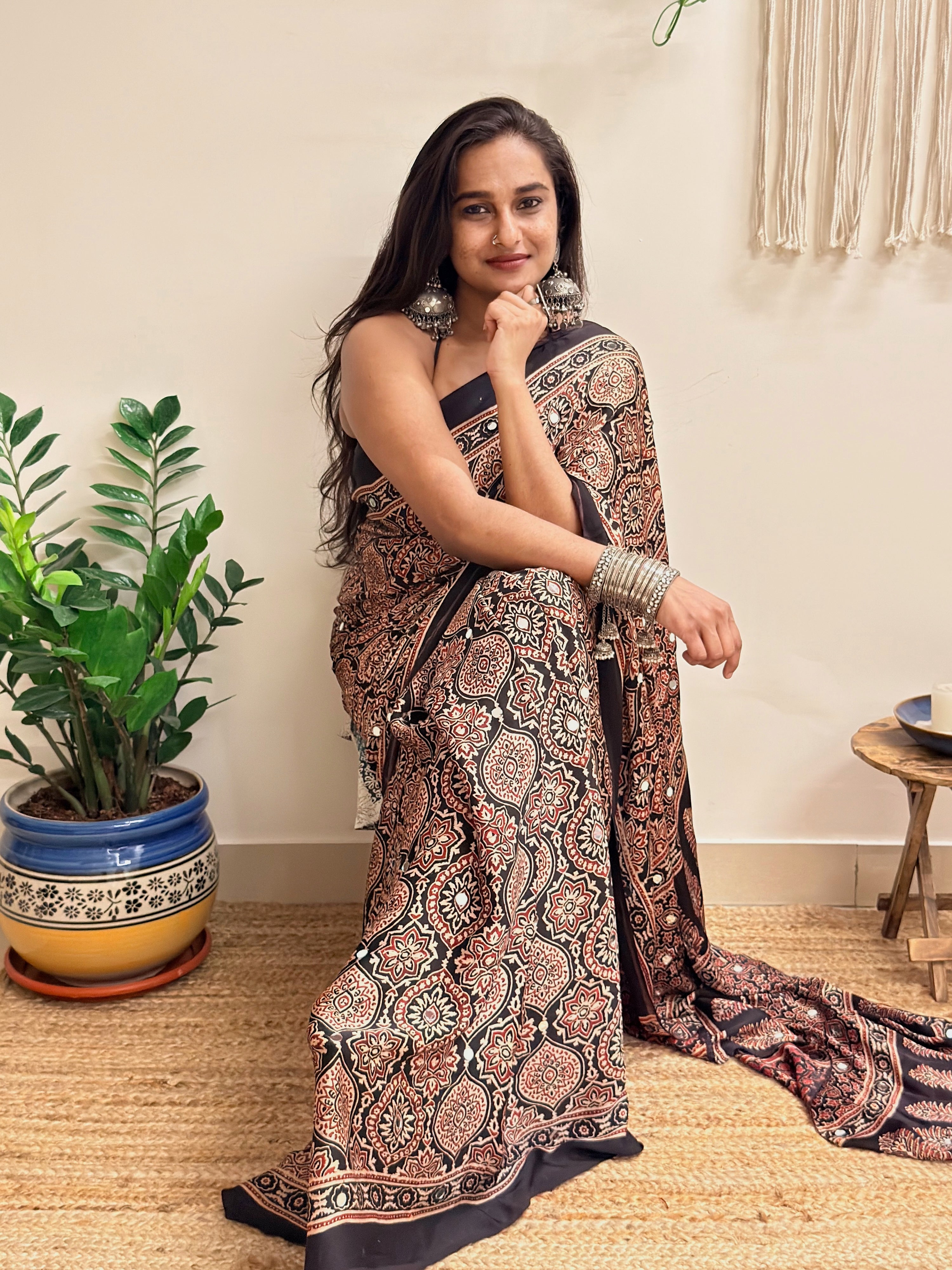 Silsila: Black Badam Butta Ajrakh Handblock Printed Modal Saree with Mirror Work