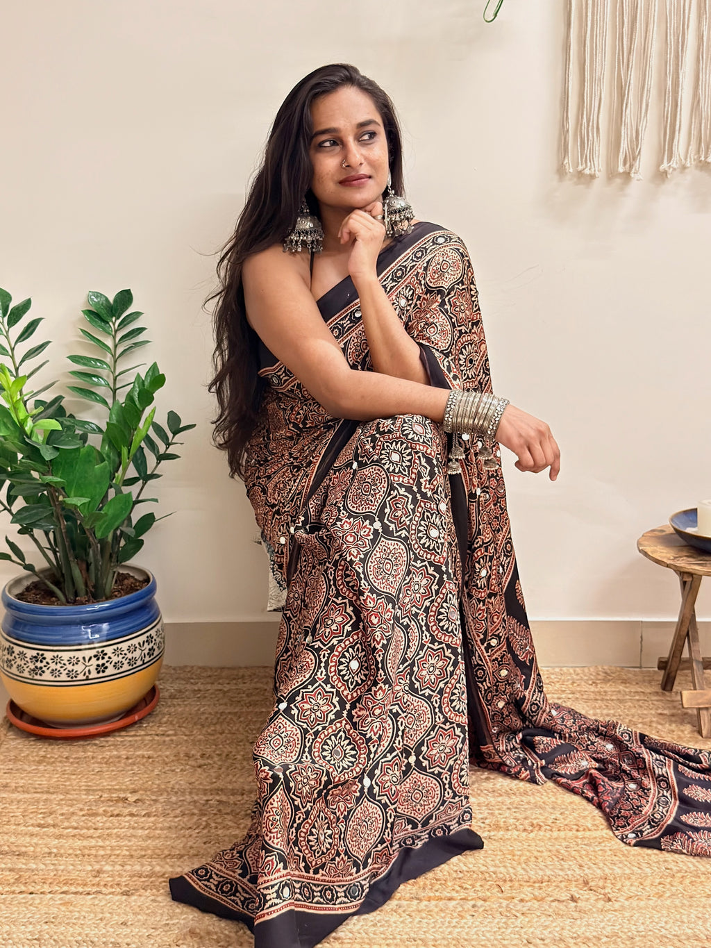 Silsila: Black Badam Butta Ajrakh Handblock Printed Modal Saree with Mirror Work