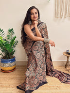 Silsila: Black Badam Butta Ajrakh Handblock Printed Modal Saree with Mirror Work