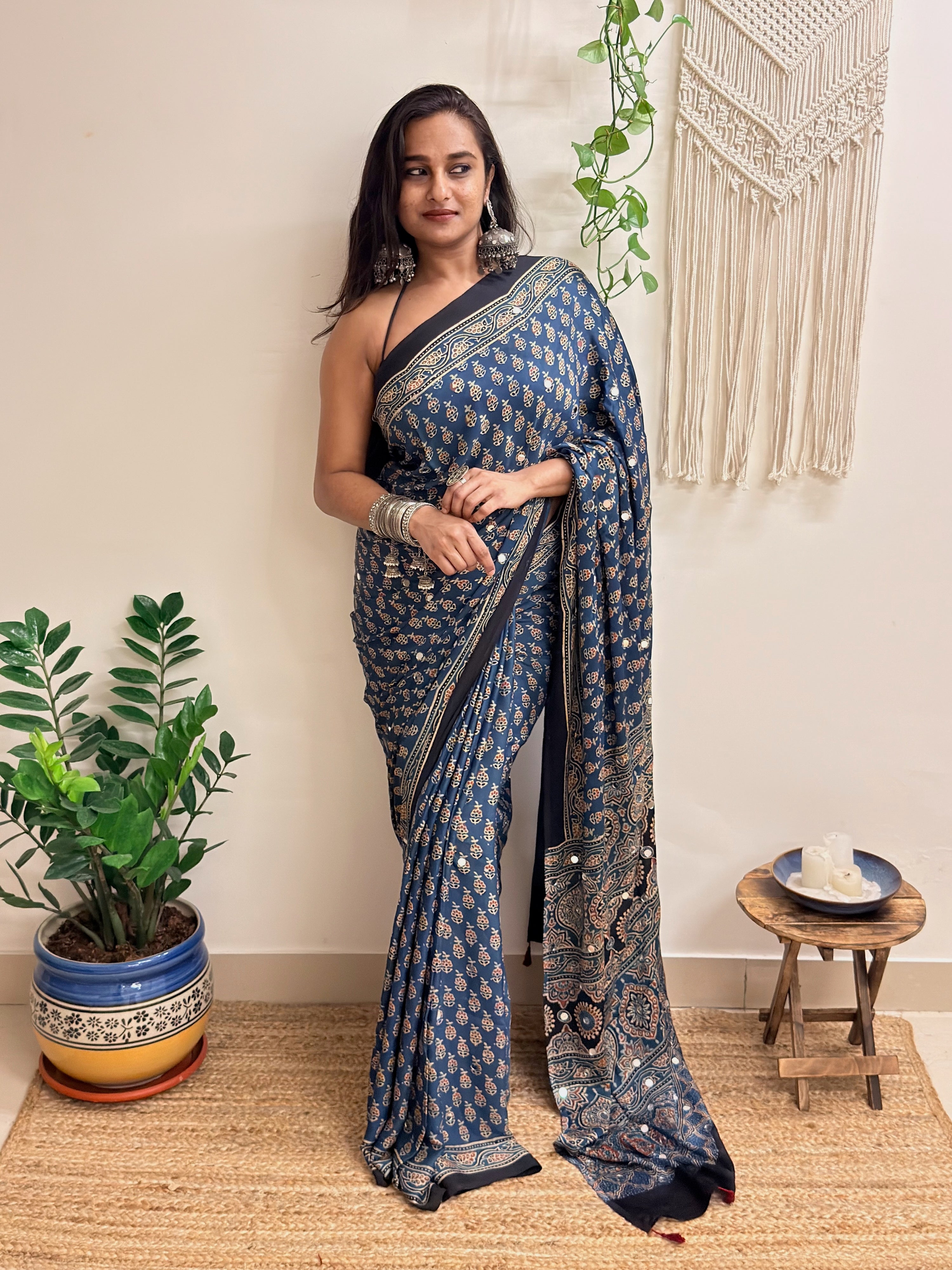 Nazaara: Indigo Ajrakh Handblock Printed Modal Saree with Mirror Work