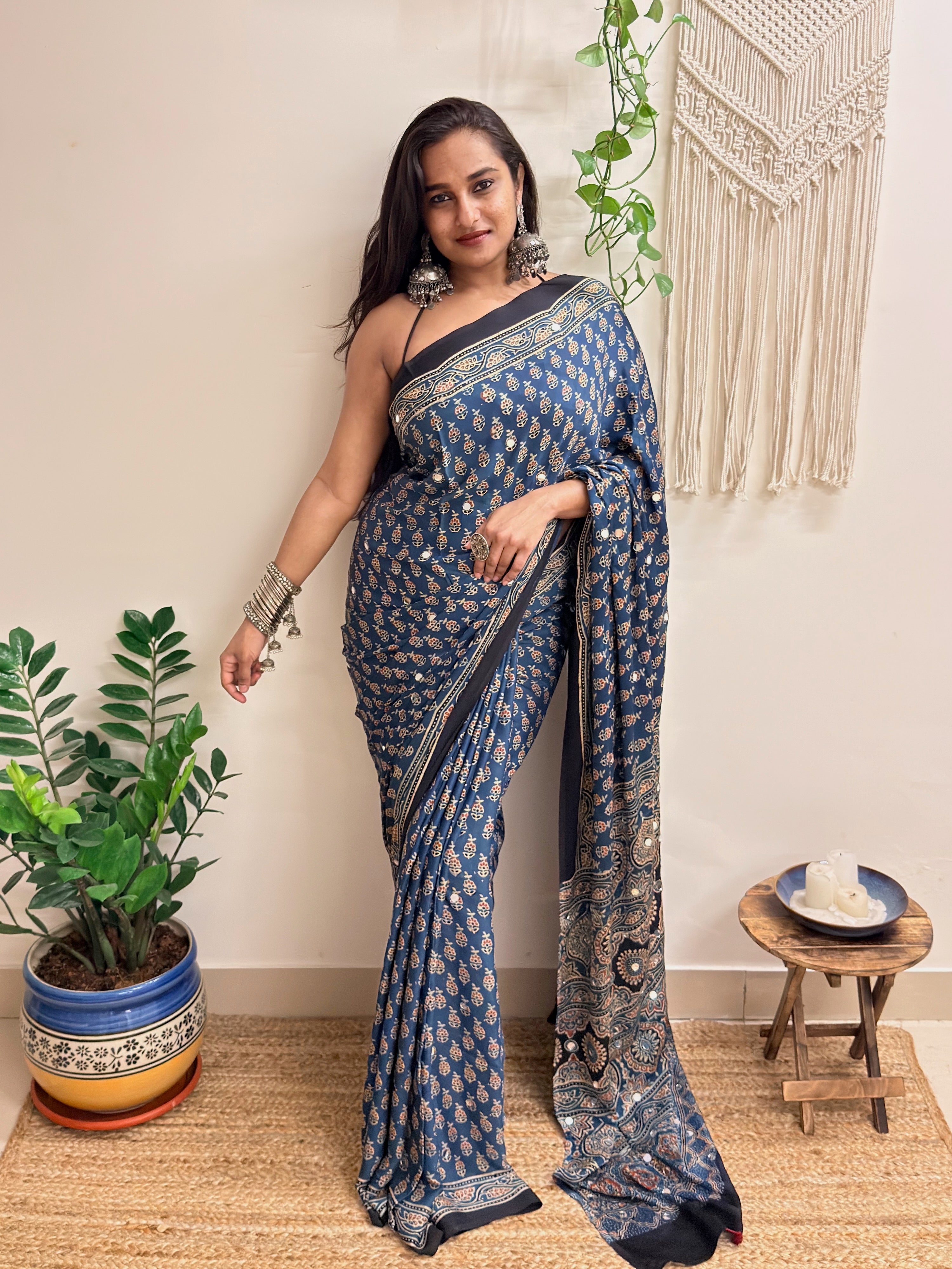 Nazaara: Indigo Ajrakh Handblock Printed Modal Saree with Mirror Work