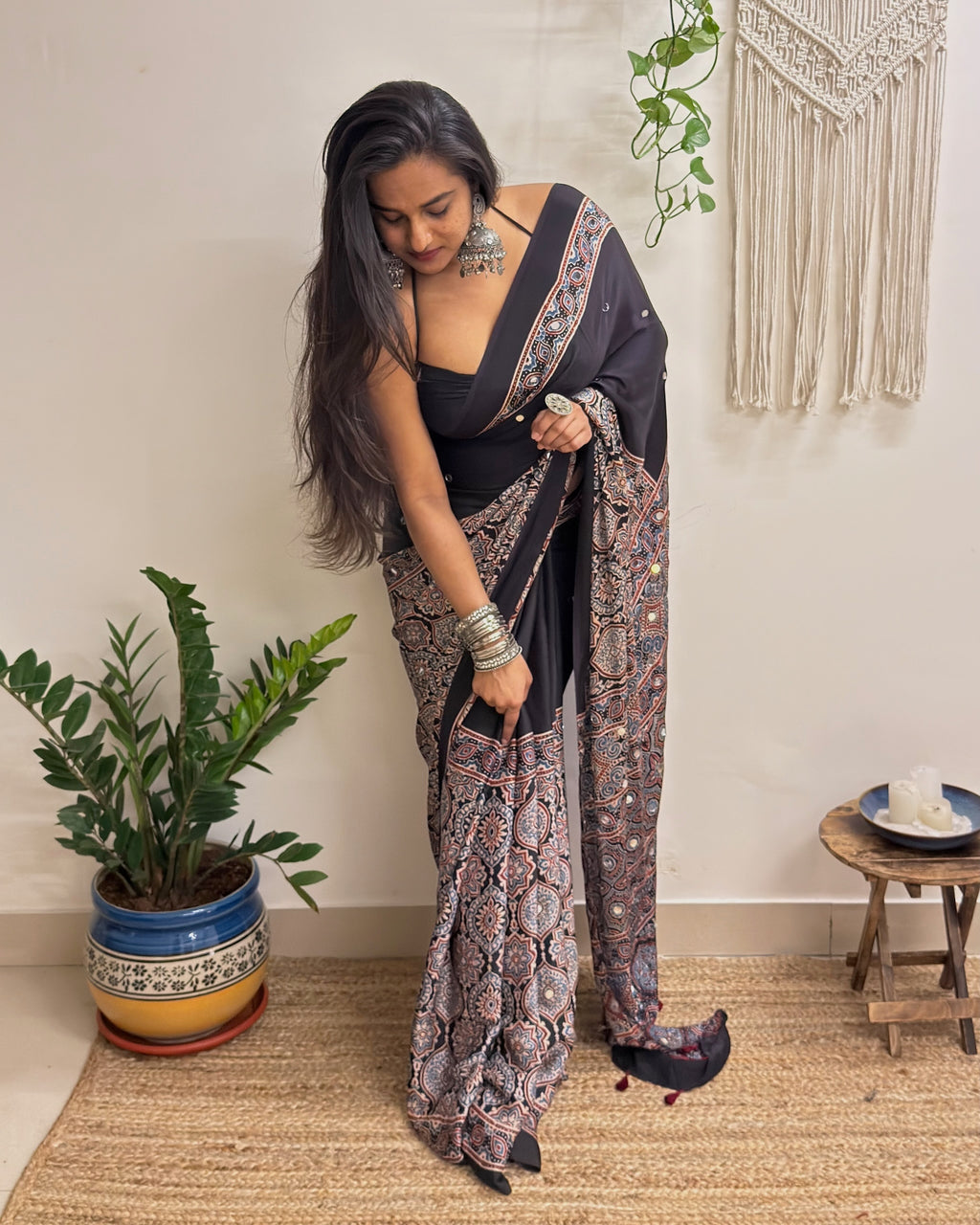 Mastani: Black Ajrakh Handblock Printed Modal Saree with Mirror Work